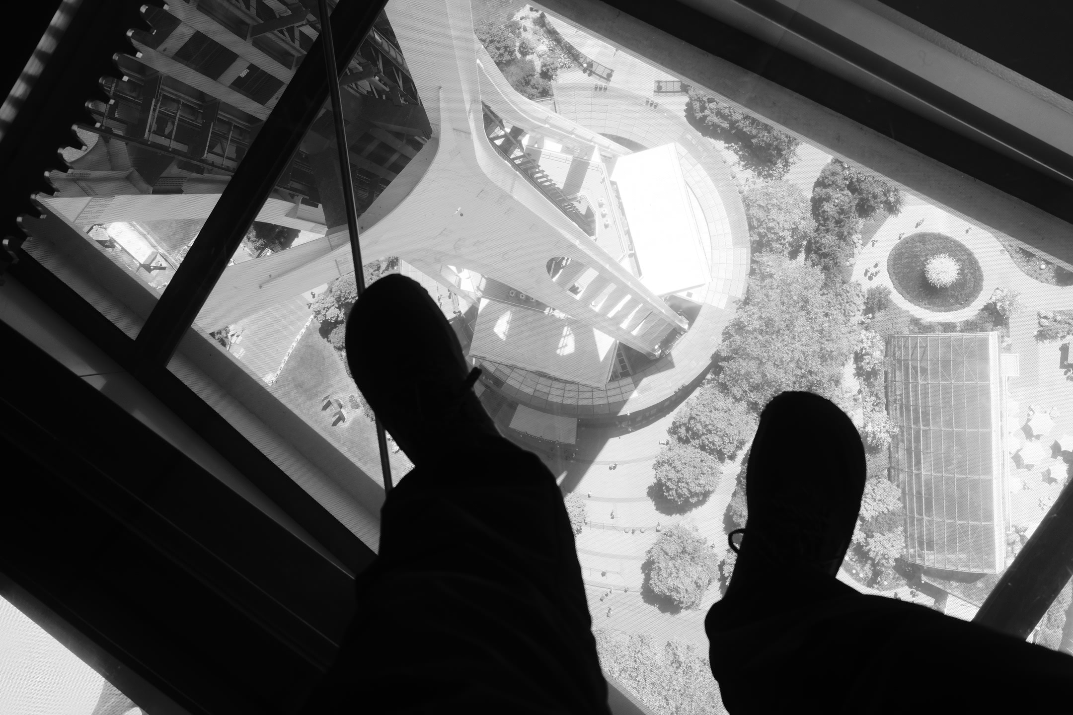 Glass floor of the rotating top section of the Space Needle. Looking down at the ground below.