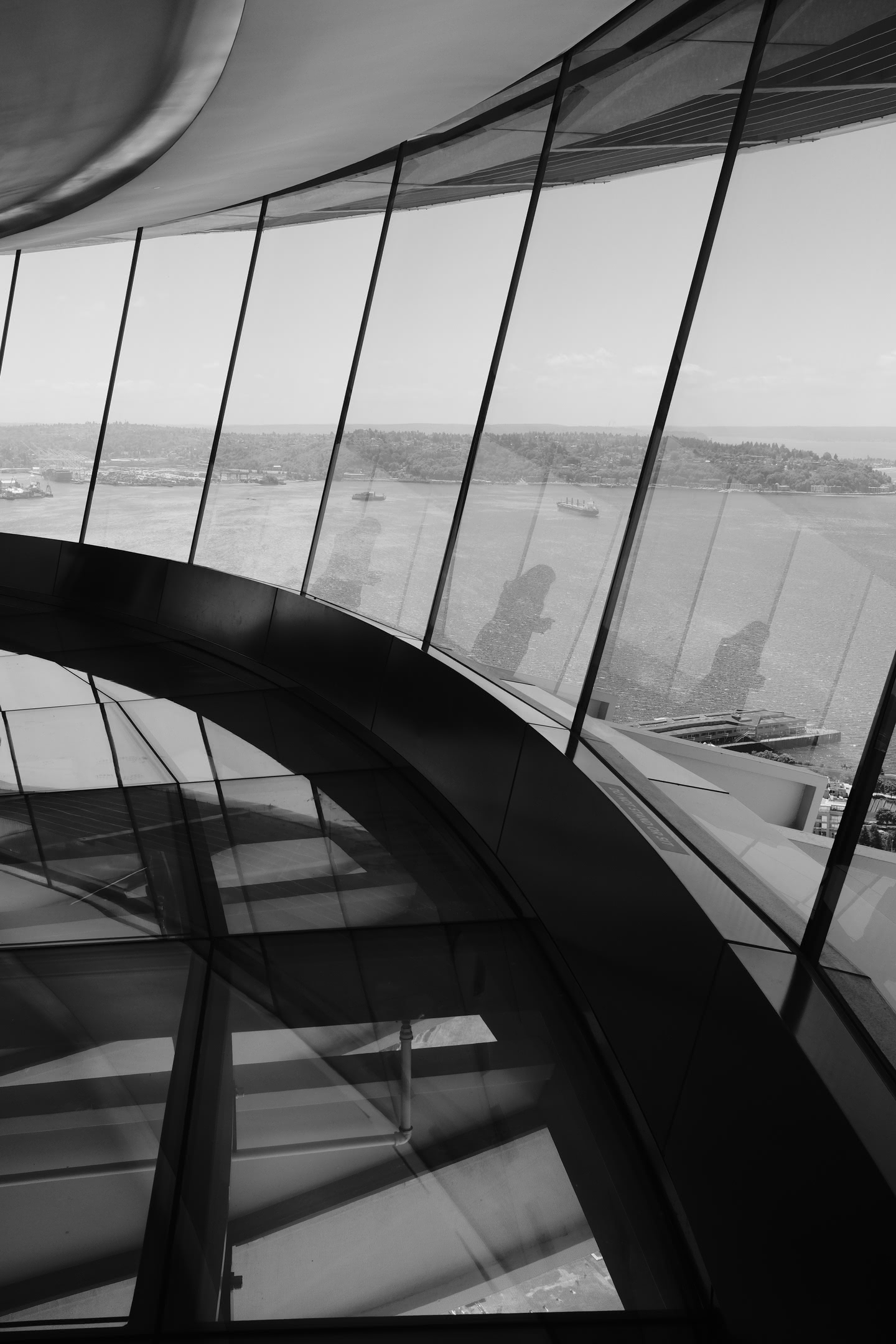 Section of the Space Needle top with glass flooring and windows.