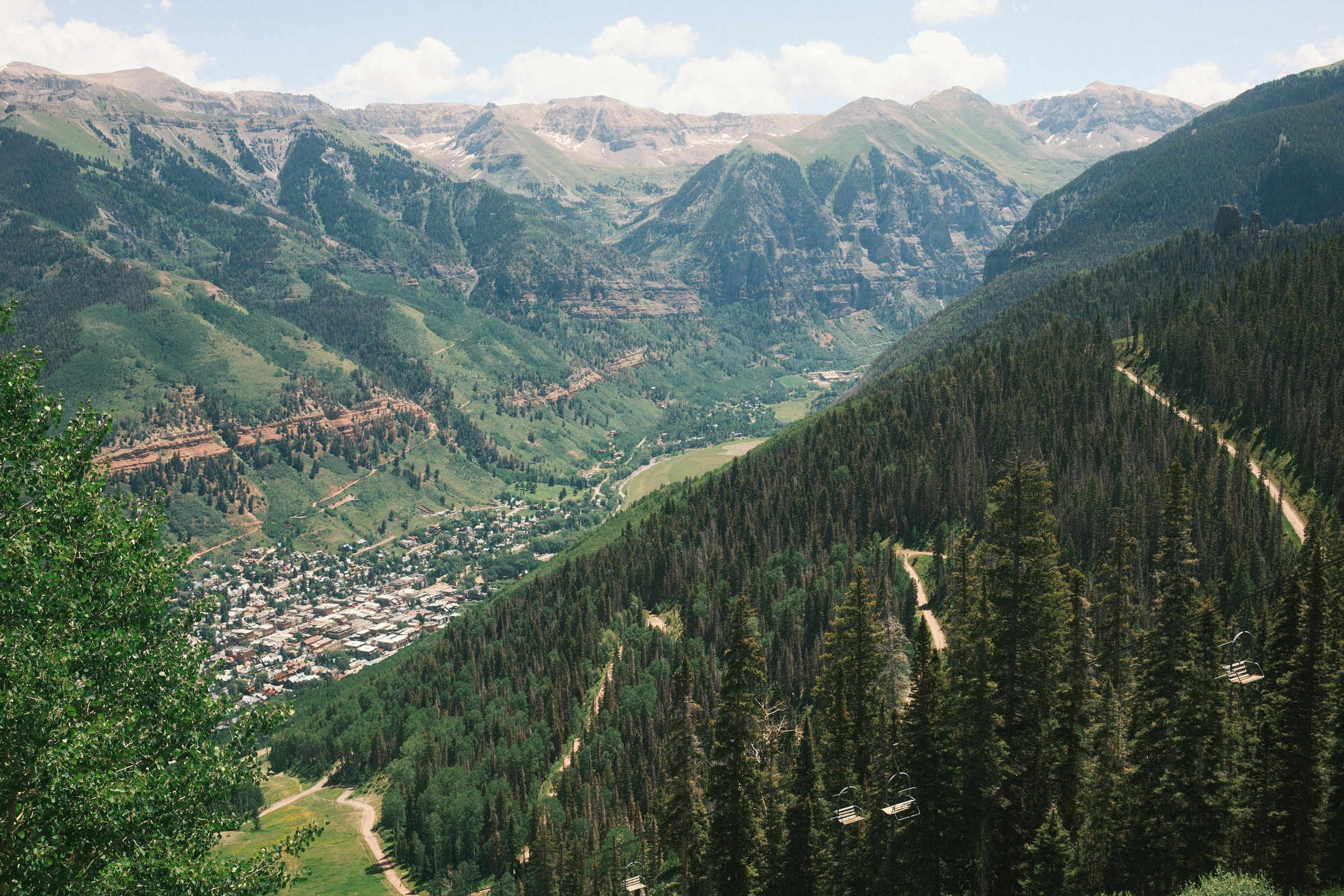 View of the valley with the town of Telluride and surrounding mountains from the top of a peak.